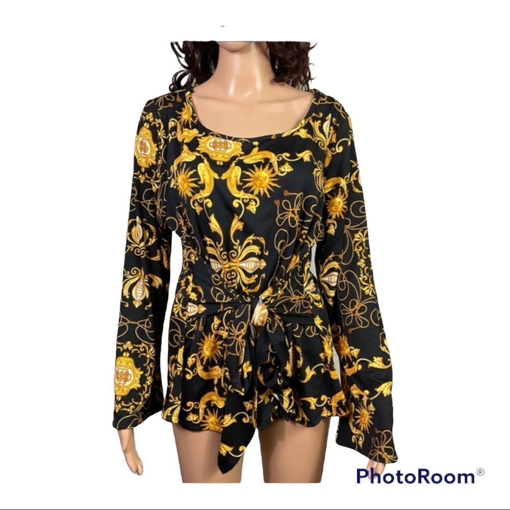 Haute Project Black Yellow Sun Printed Long Sleeve Tie Front Blouse 1XL
